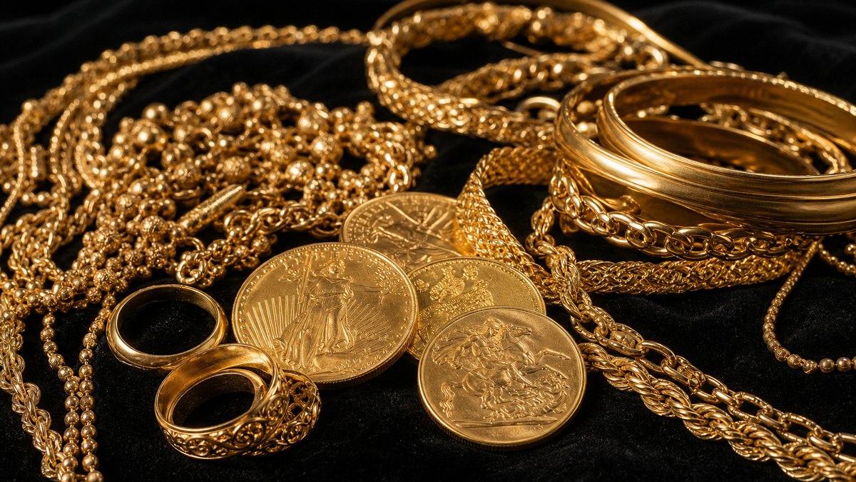 Gold jewelry and coins displayed together for appraisal