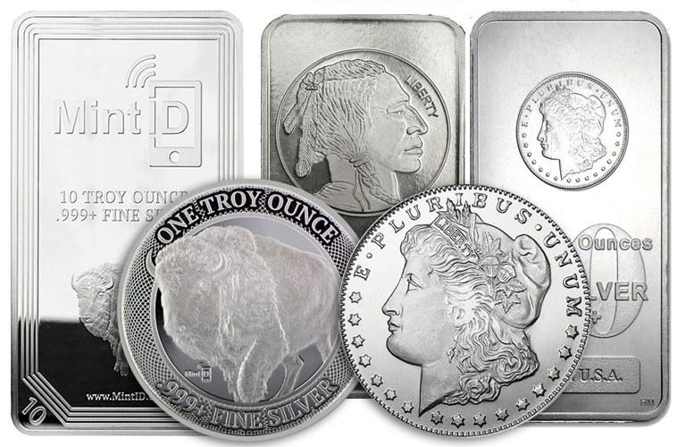 Silver bars, silver rounds, and silver coins